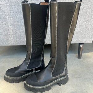 Ganni Black Contrast Stitched Chelsea Knee High Boot